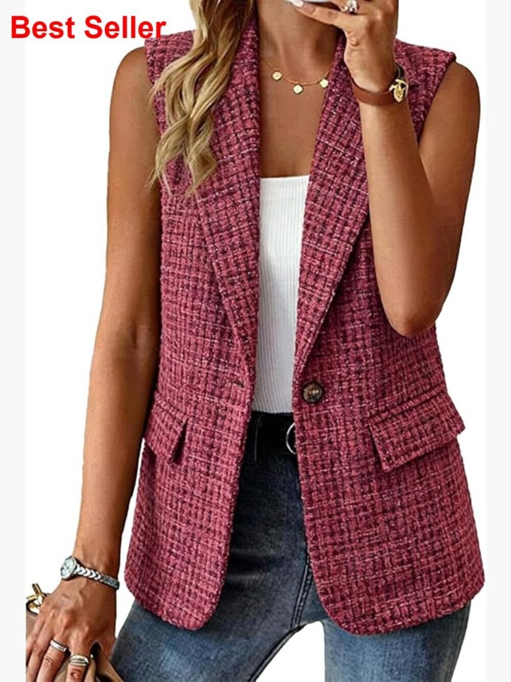 Sleeveless Blazer Vest Lightweight Polyester Open Front Work Office